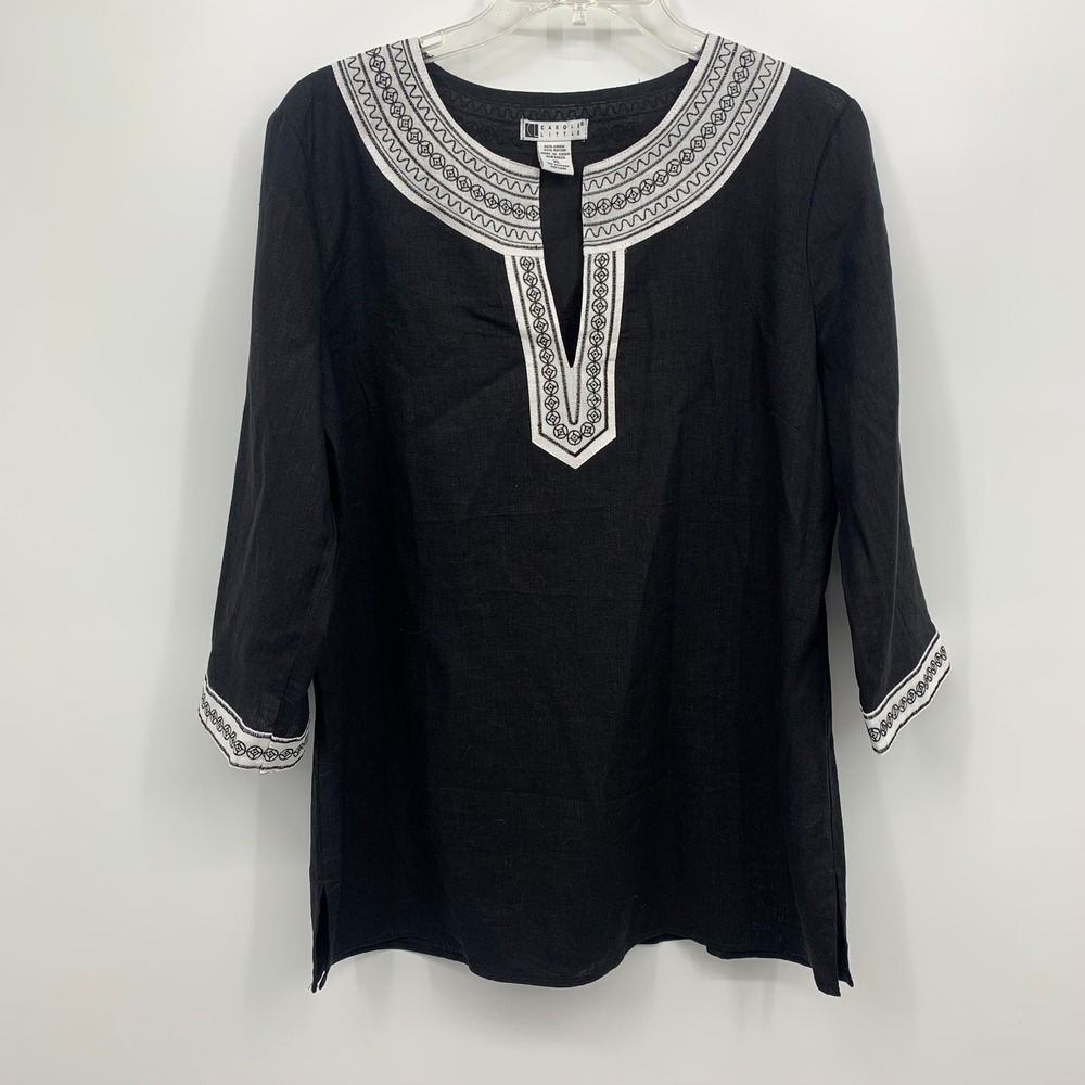 Carole Little Linen Blend Embroidered Tunic Blouse Black Split Neck XL Boho Top